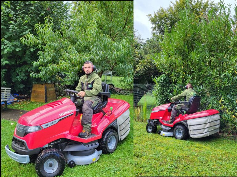 2 images représentant la tonte de pelouse avec une tondeuse autoportée