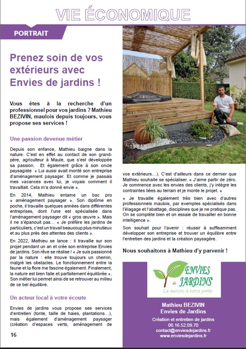 copie d'un article paru dans le journal local de maule, et présentant la jeune entreprise Envies de Jardins